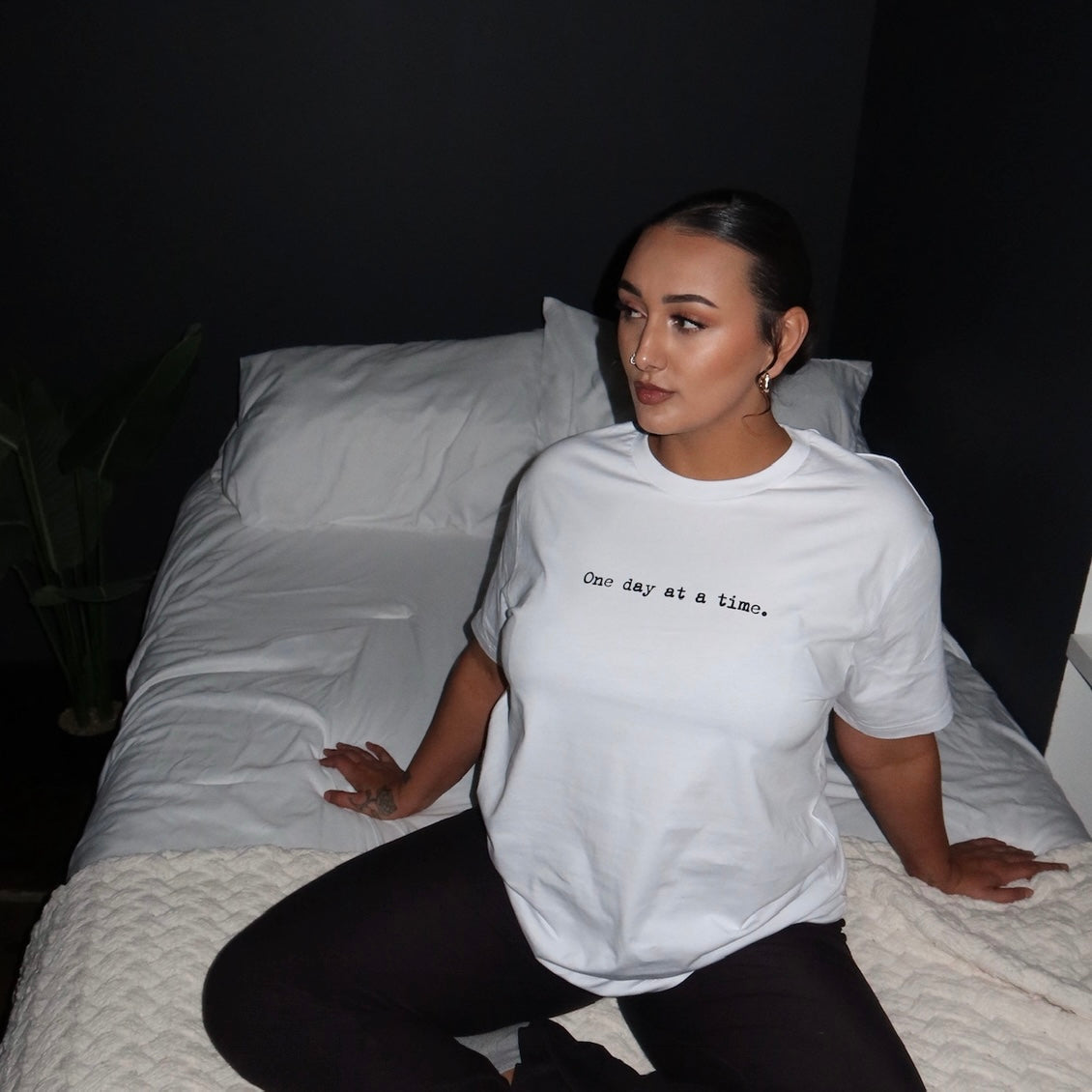 one day at a time x white t shirt